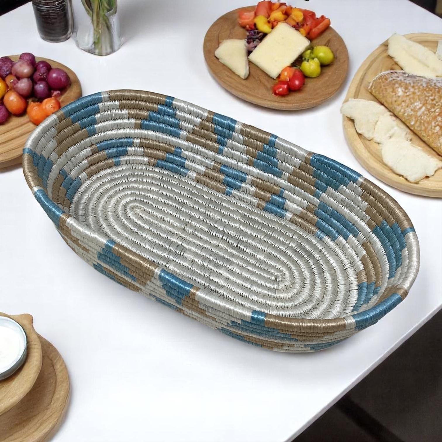 Woven Kitchen Decor Gift Set – Colorful Bread Basket, Fruit Bowl & Vase | Rustic Boho Home Styling Set, Colorful Bread Basket,