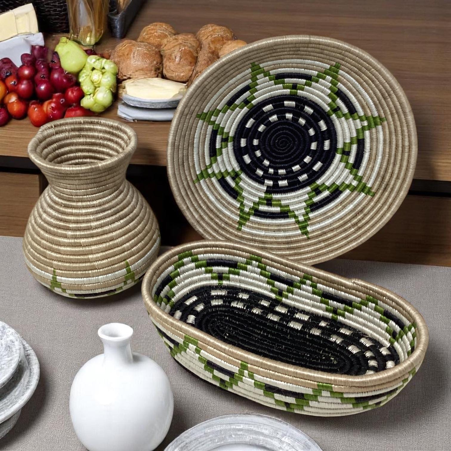 Artisan Woven Home Gift Set – Bright Bread Basket, Fruit Centerpiece Bowl & Vase | Gift for Boho HomeLovers, Woven gift set