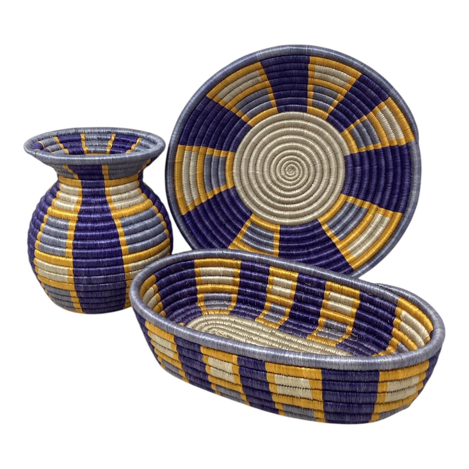 Colorful African Basket Set – Woven Bread Basket, Fruit Bowl Centerpiece & Vase for Rustic Table Decor and Unique Handmade Gifts