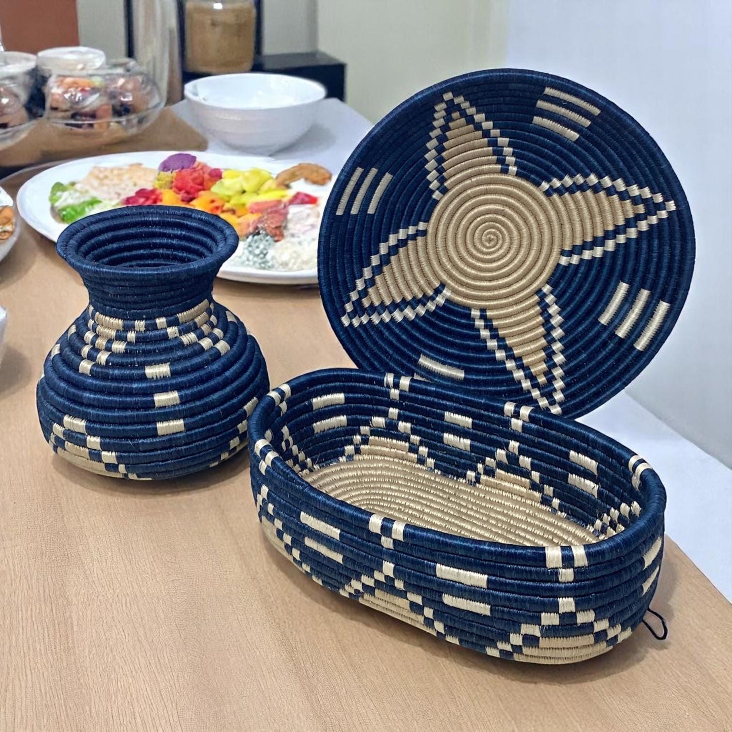 African Woven Basket Set – Handmade Bread Basket, Fruit Bowl Centerpiece & Vase for Rustic Table Decor and Thoughtful Home Gifts