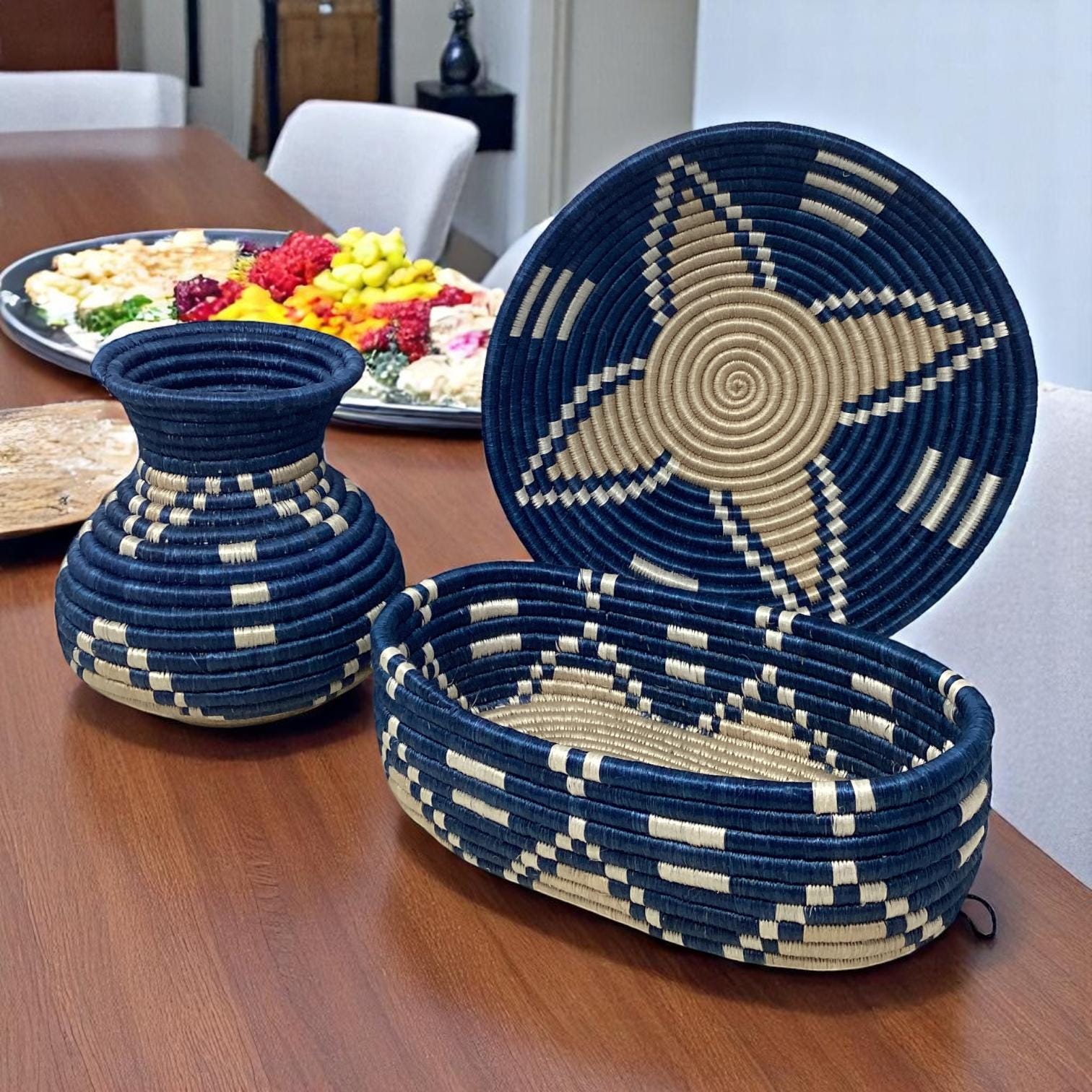 African Woven Basket Set – Handmade Bread Basket, Fruit Bowl Centerpiece & Vase for Rustic Table Decor and Thoughtful Home Gifts