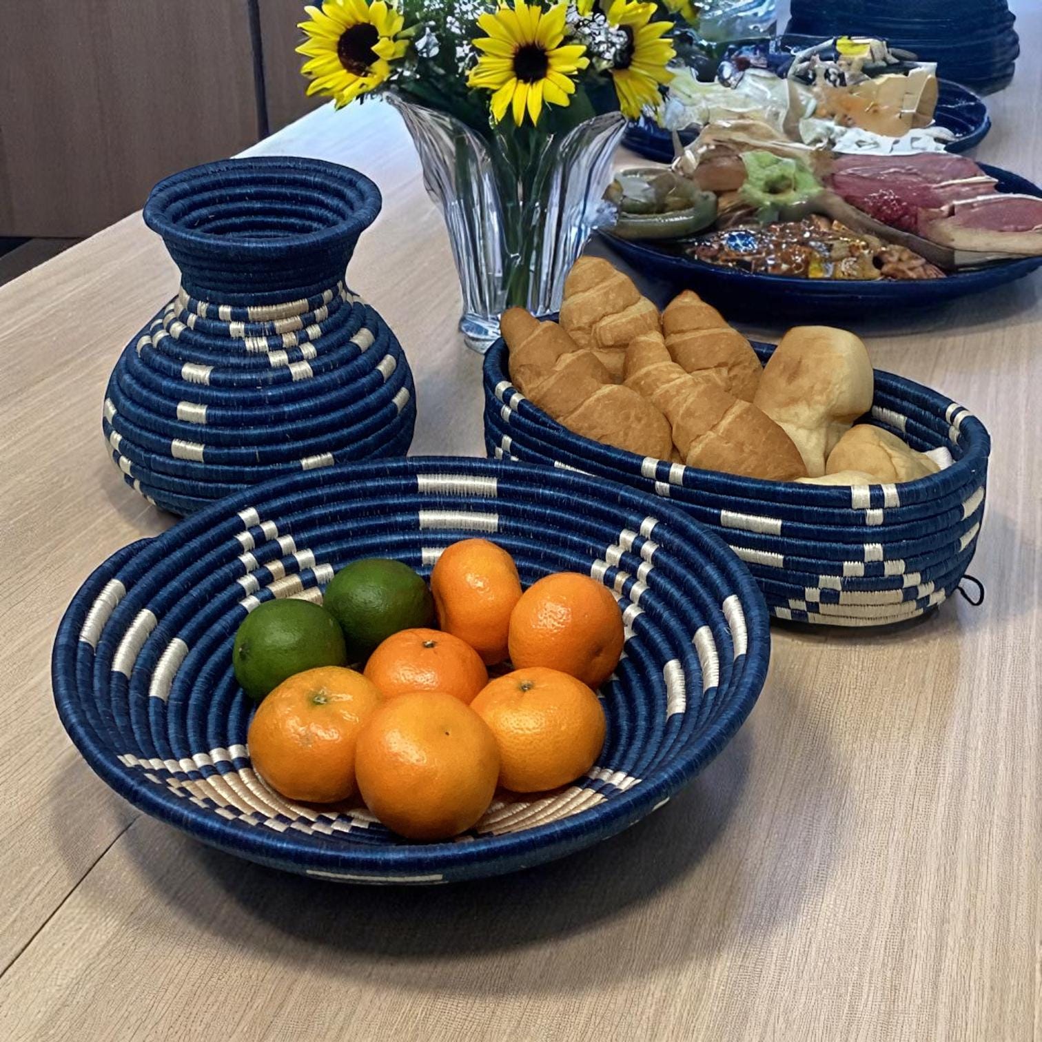 African Woven Basket Set – Handmade Bread Basket, Fruit Bowl Centerpiece & Vase for Rustic Table Decor and Thoughtful Home Gifts