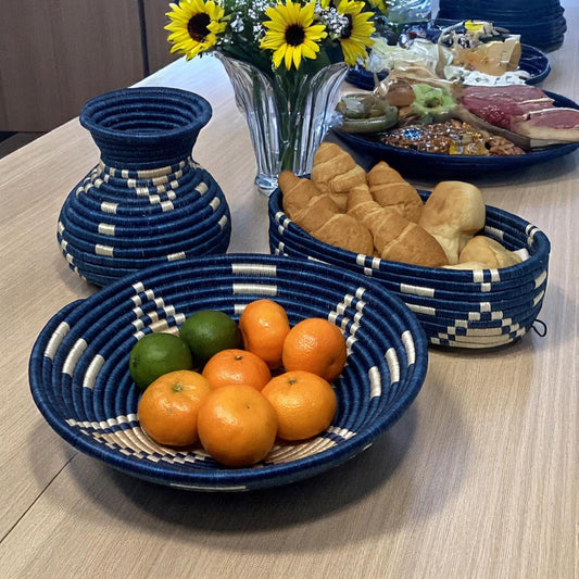 African Woven Basket Set – Handmade Bread Basket, Fruit Bowl Centerpiece & Vase for Rustic Table Decor and Thoughtful Home Gifts