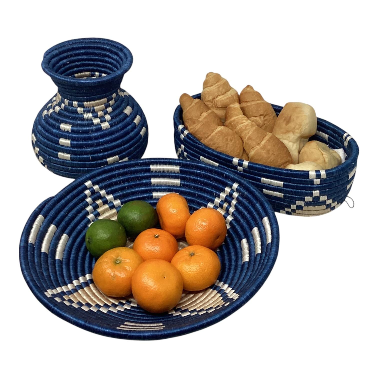 African Woven Basket Set – Handmade Bread Basket, Fruit Bowl Centerpiece & Vase for Rustic Table Decor and Thoughtful Home Gifts