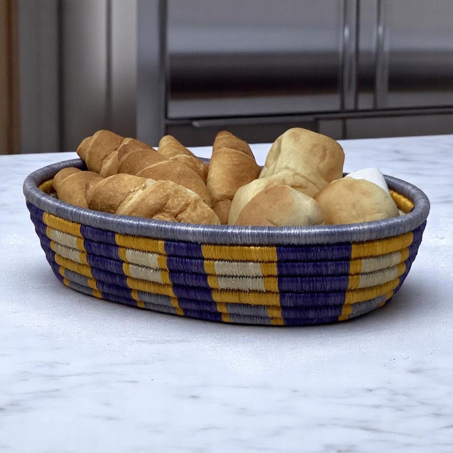 Colorful African Basket Set – Woven Bread Basket, Fruit Bowl Centerpiece & Vase for Rustic Table Decor and Unique Handmade Gifts