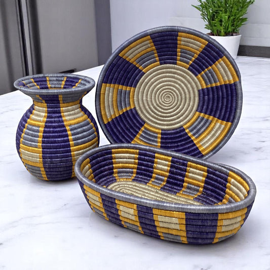 Colorful African Basket Set – Woven Bread Basket, Fruit Bowl Centerpiece & Vase for Rustic Table Decor and Unique Handmade Gifts