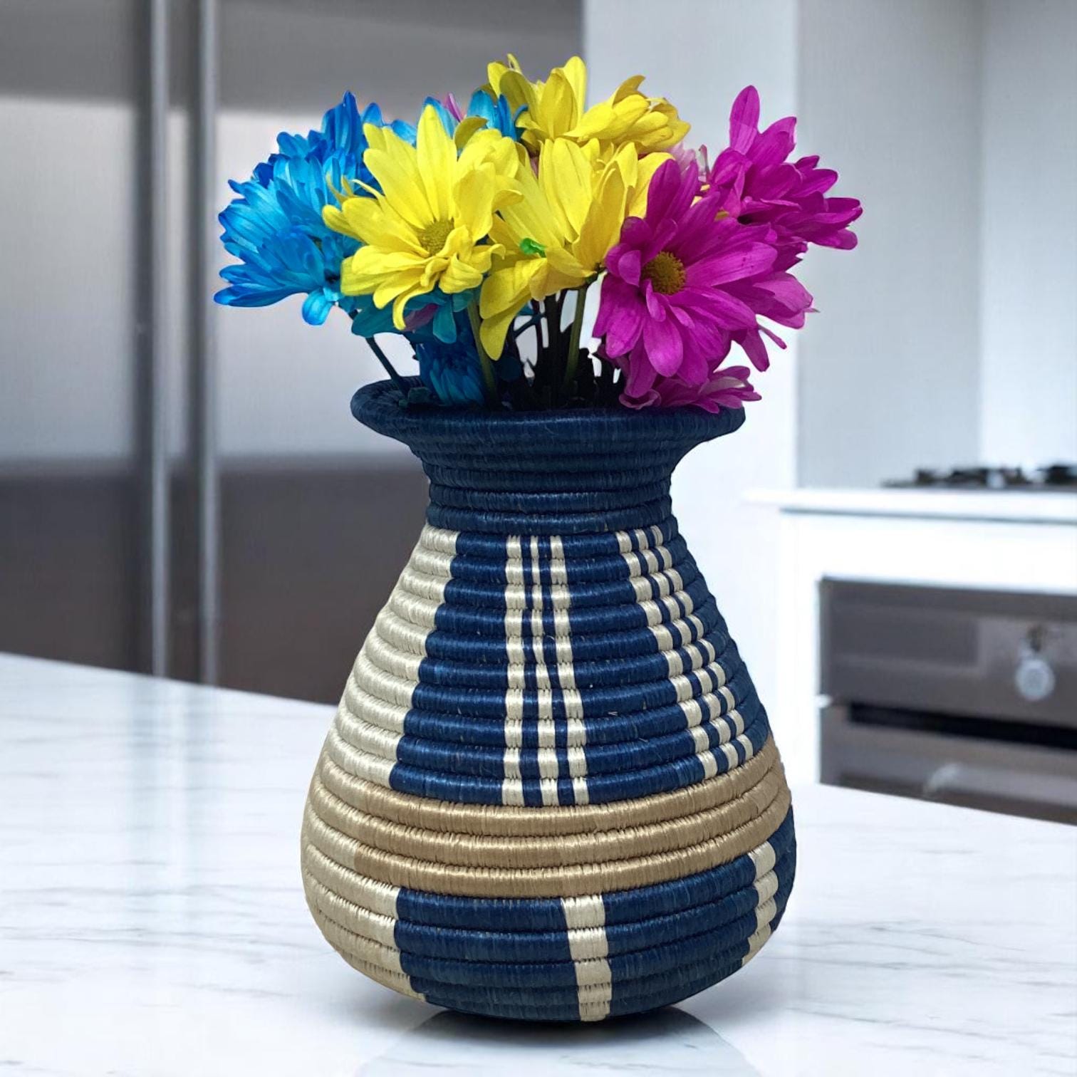 Handwoven Bread Basket, Fruit Bowl Centerpiece & Flower Vase Set – African Boho Kitchen Decor and Rustic Table Gift for Housewarming