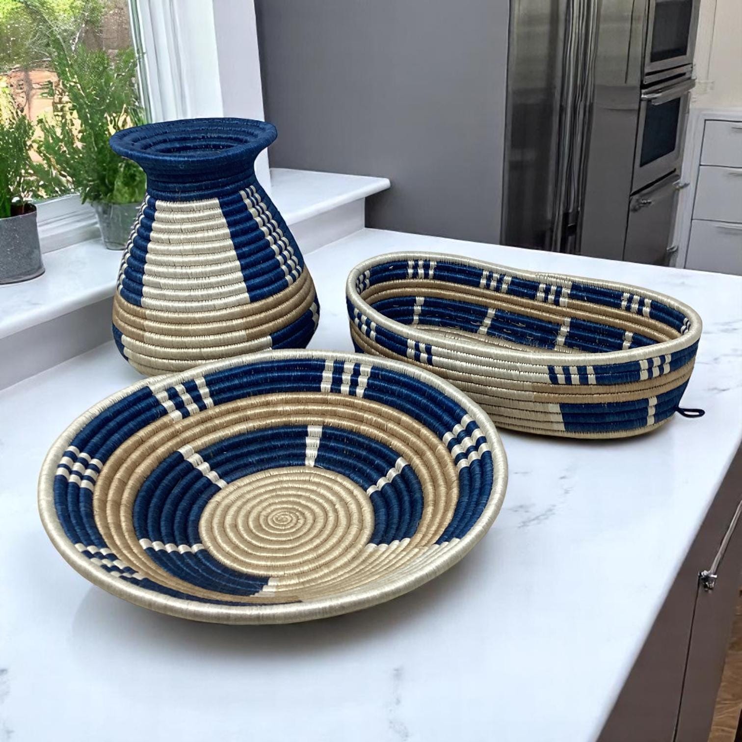 Handwoven Bread Basket, Fruit Bowl Centerpiece & Flower Vase Set – African Boho Kitchen Decor and Rustic Table Gift for Housewarming