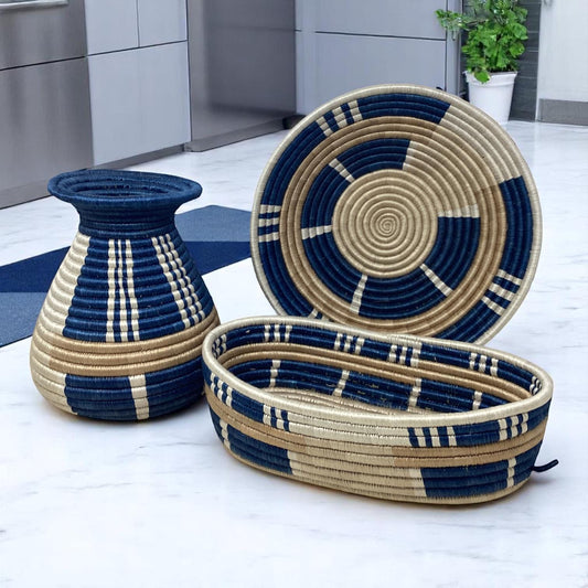 Handwoven Bread Basket, Fruit Bowl Centerpiece & Flower Vase Set – African Boho Kitchen Decor and Rustic Table Gift for Housewarming