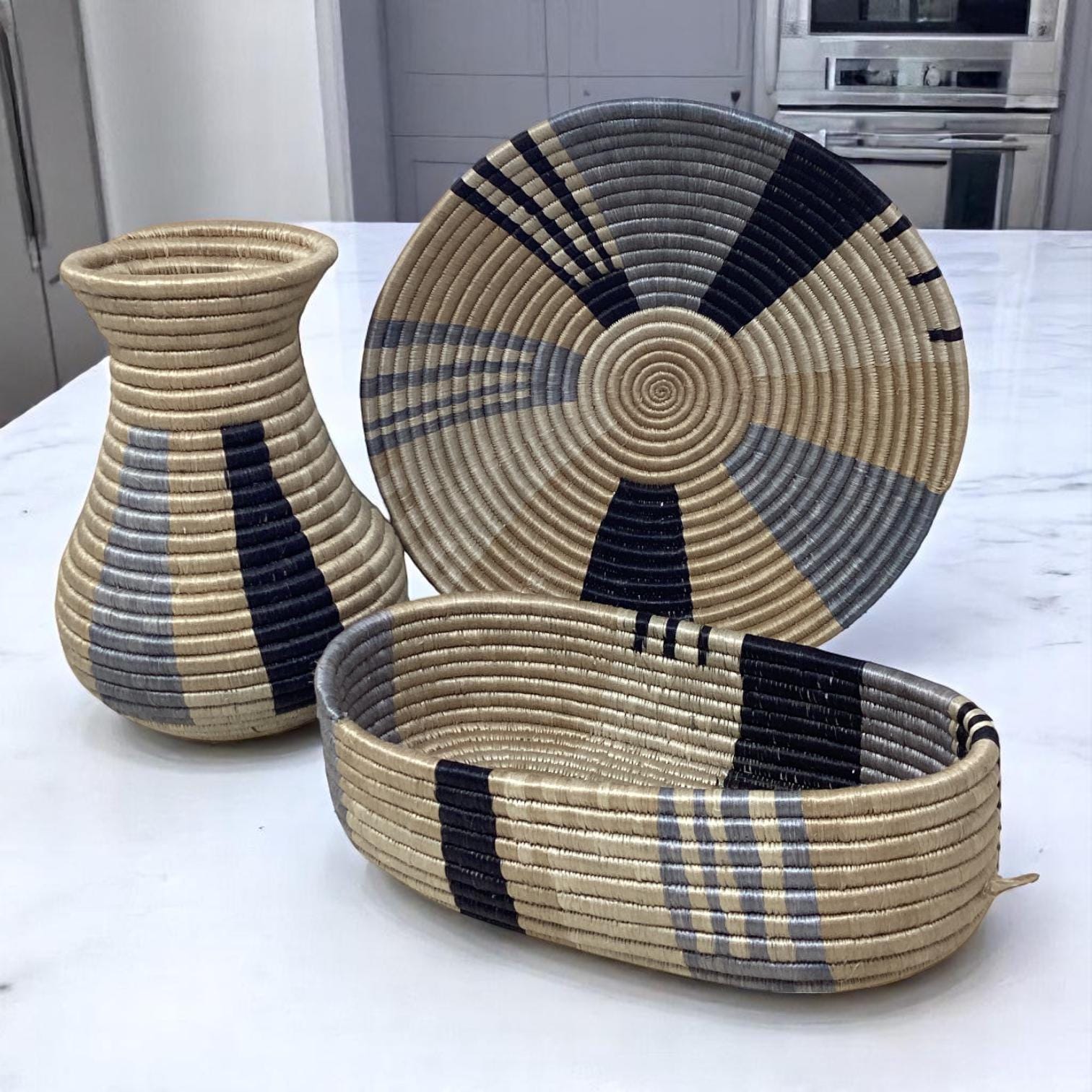 Rustic Woven Home Decor Set – Bread Basket, Centerpiece Fruit Bowl & Sisal Vase | African Gift for Kitchen or Table Styling Ideas