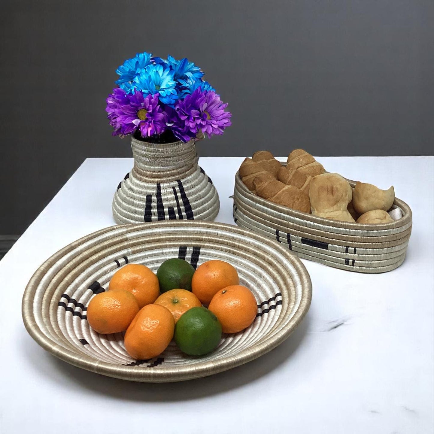 Handmade Woven Decor Set – Bread Basket, Fruit Bowl & Vase for Dining Room Table, Kitchen Counter and Cozy Entryway Styling