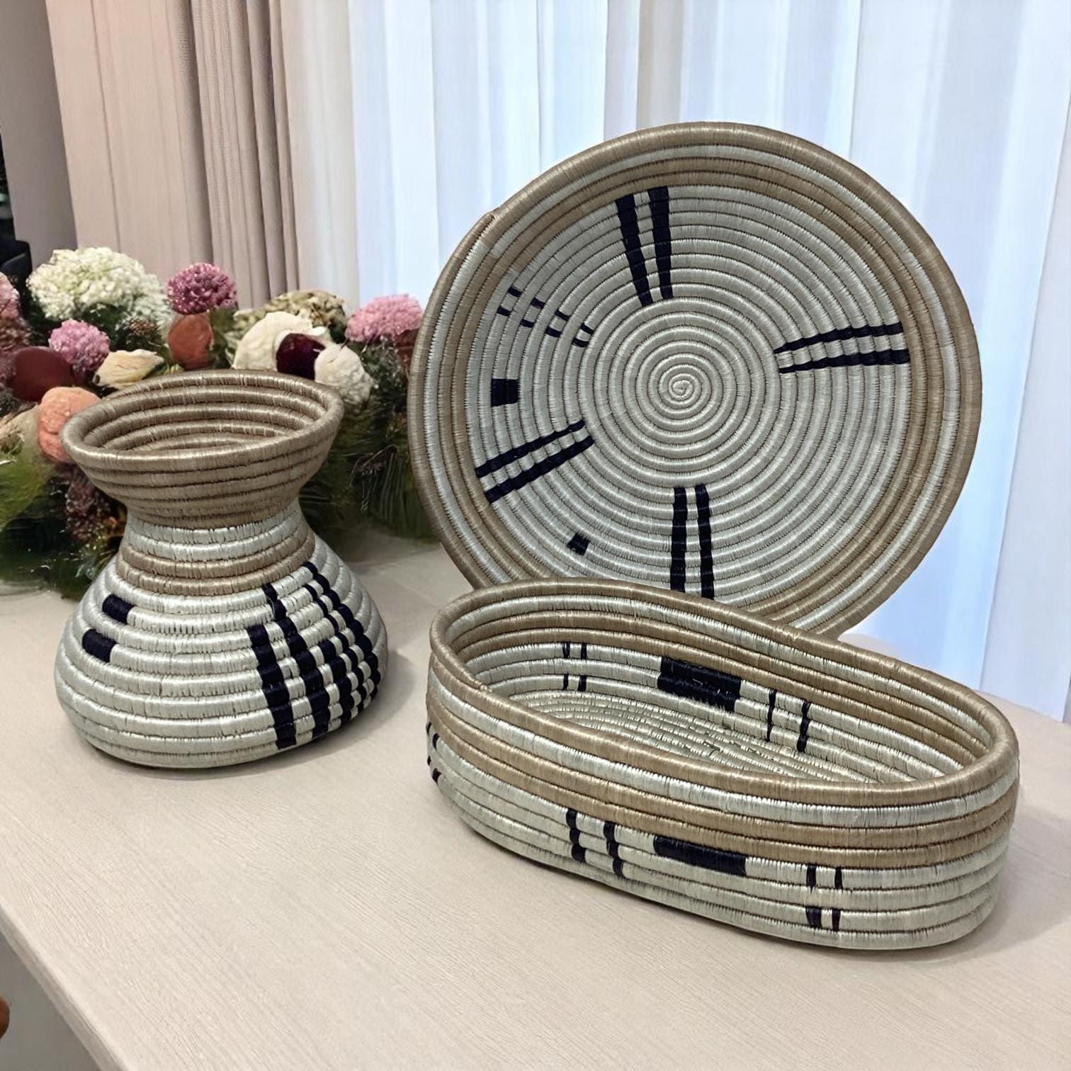 Handmade Woven Decor Set – Bread Basket, Fruit Bowl & Vase for Dining Room Table, Kitchen Counter and Cozy Entryway Styling