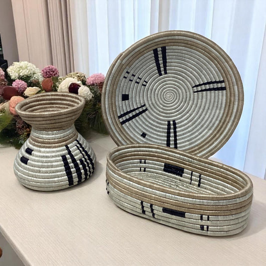 Handmade Woven Decor Set – Bread Basket, Fruit Bowl & Vase for Dining Room Table, Kitchen Counter and Cozy Entryway Styling