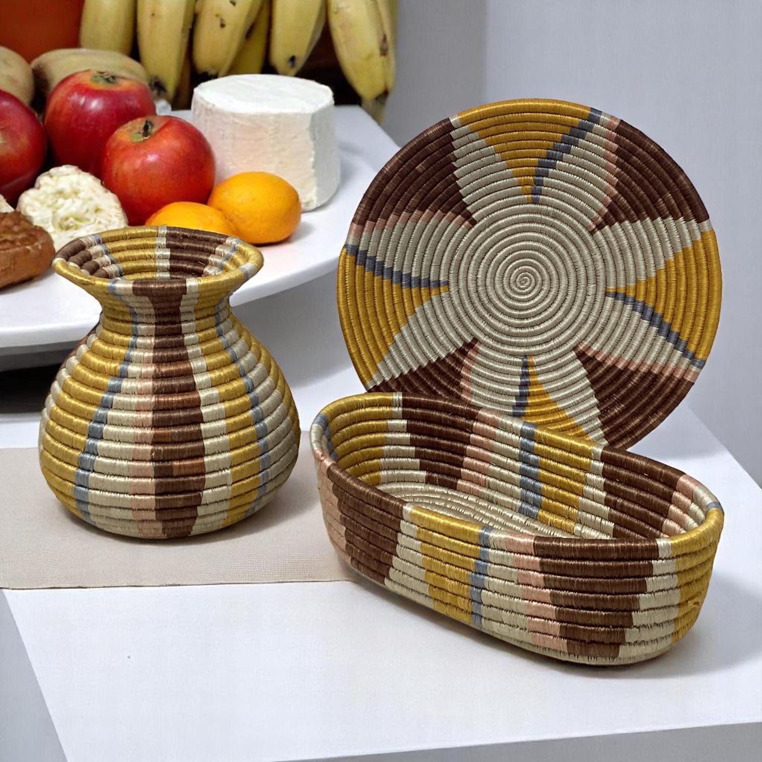 Woven Bread Basket, Decorative Fruit Bowl & Flower Vase – Artisan Home Gift Set for Boho Kitchen Decor or Housewarming Celebration