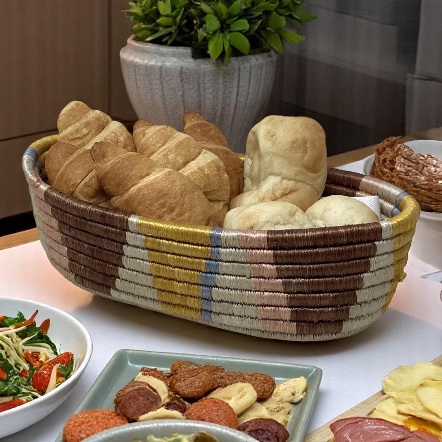 Woven Bread Basket, Decorative Fruit Bowl & Flower Vase – Artisan Home Gift Set for Boho Kitchen Decor or Housewarming Celebration