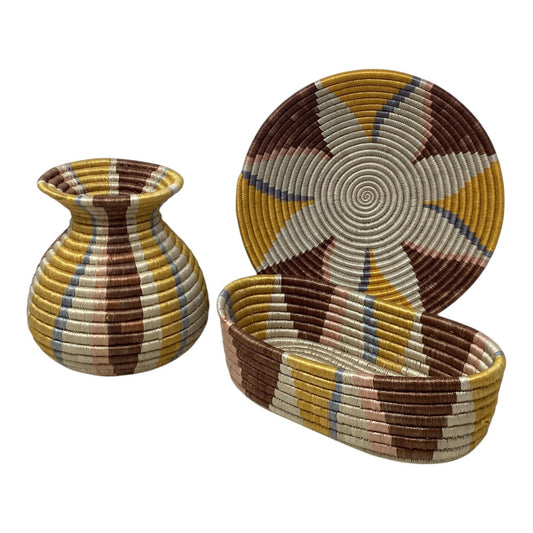 Woven Bread Basket, Decorative Fruit Bowl & Flower Vase – Artisan Home Gift Set for Boho Kitchen Decor or Housewarming Celebration