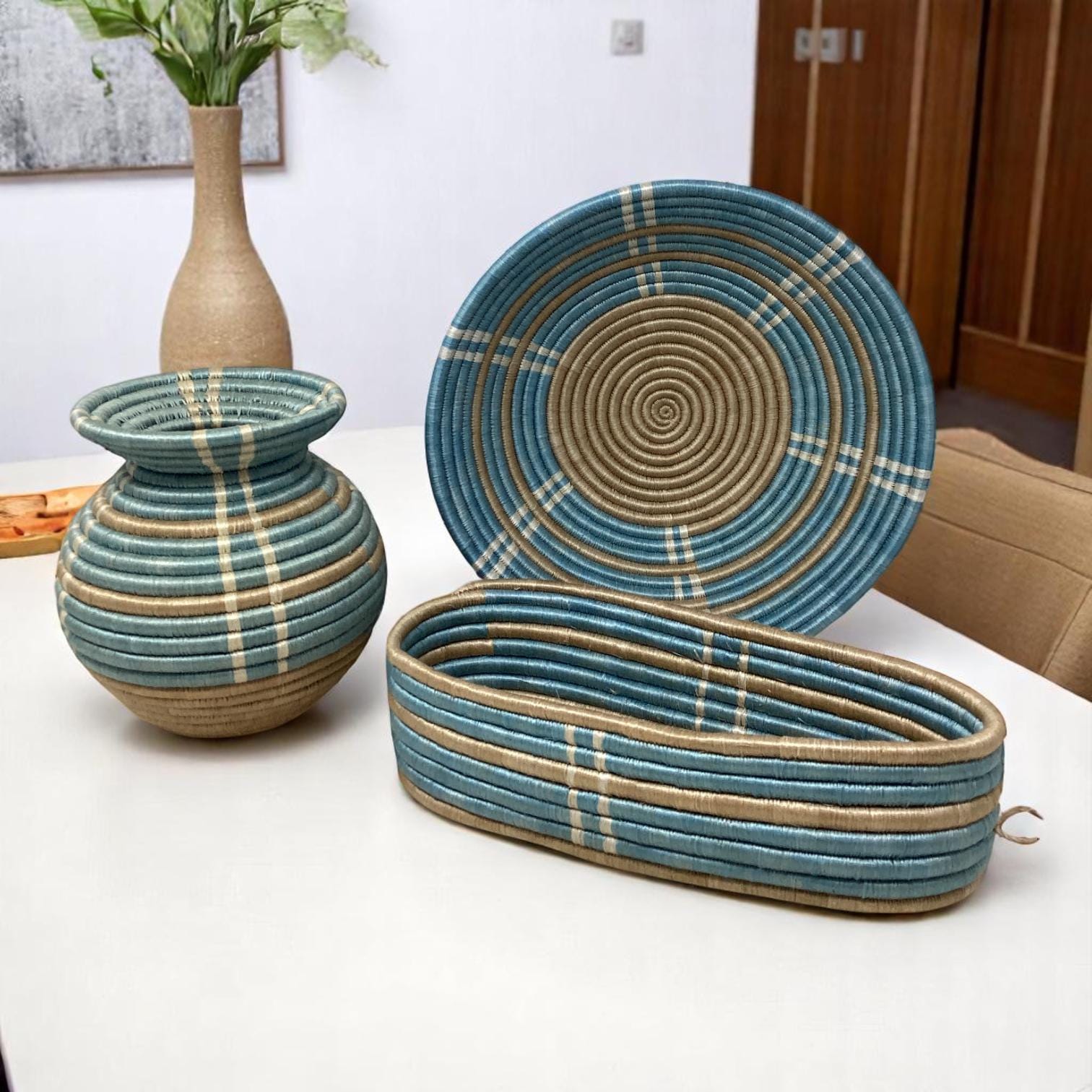 Handwoven Bread Basket, Fruit Bowl & Flower Vase Set – African Boho Decor for Kitchen Table, Dining Room, or Unique Housewarming Gift