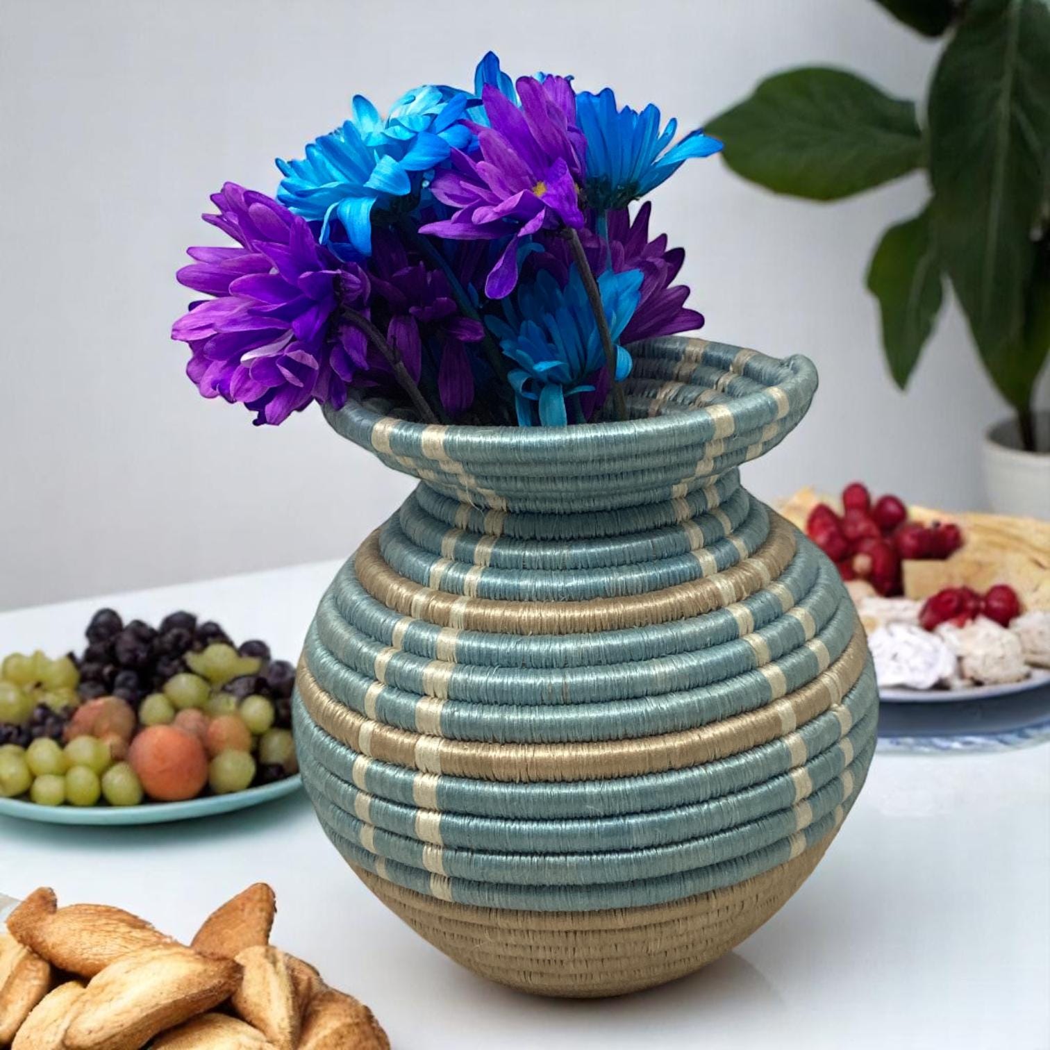 Handwoven Bread Basket, Fruit Bowl & Flower Vase Set – African Boho Decor for Kitchen Table, Dining Room, or Unique Housewarming Gift