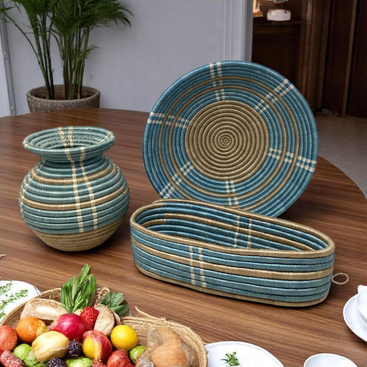Handwoven Bread Basket, Fruit Bowl & Flower Vase Set – African Boho Decor for Kitchen Table, Dining Room, or Unique Housewarming Gift