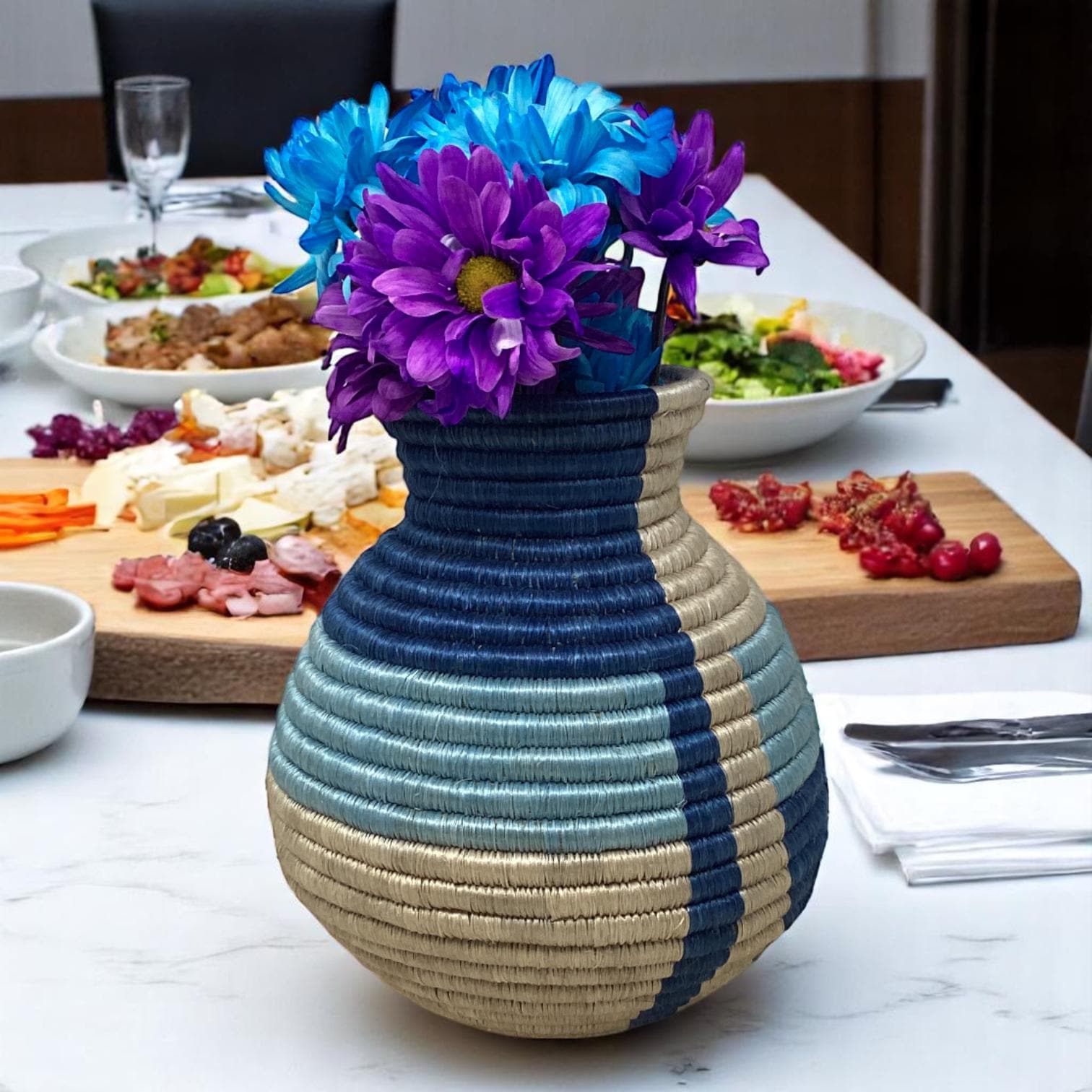 Basket Gift Box for Home – Handmade Bread Basket, Centerpiece Bowl & Vase | Colorful Woven Set, woven Fruit Bowl and Vase