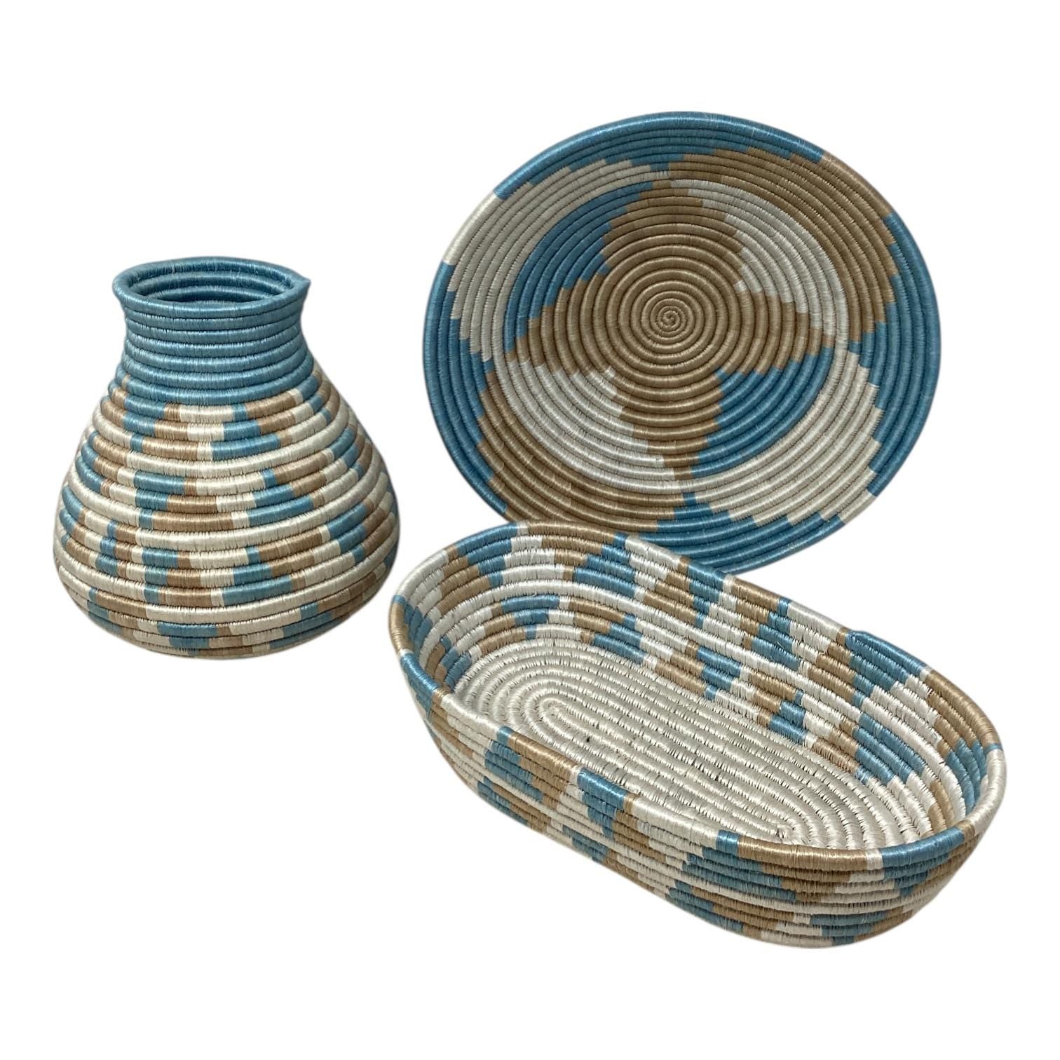 Woven Kitchen Decor Gift Set – Colorful Bread Basket, Fruit Bowl & Vase | Rustic Boho Home Styling Set, Colorful Bread Basket,