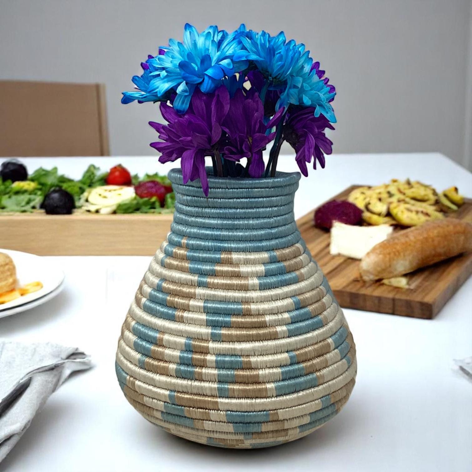 Woven Kitchen Decor Gift Set – Colorful Bread Basket, Fruit Bowl & Vase | Rustic Boho Home Styling Set, Colorful Bread Basket,