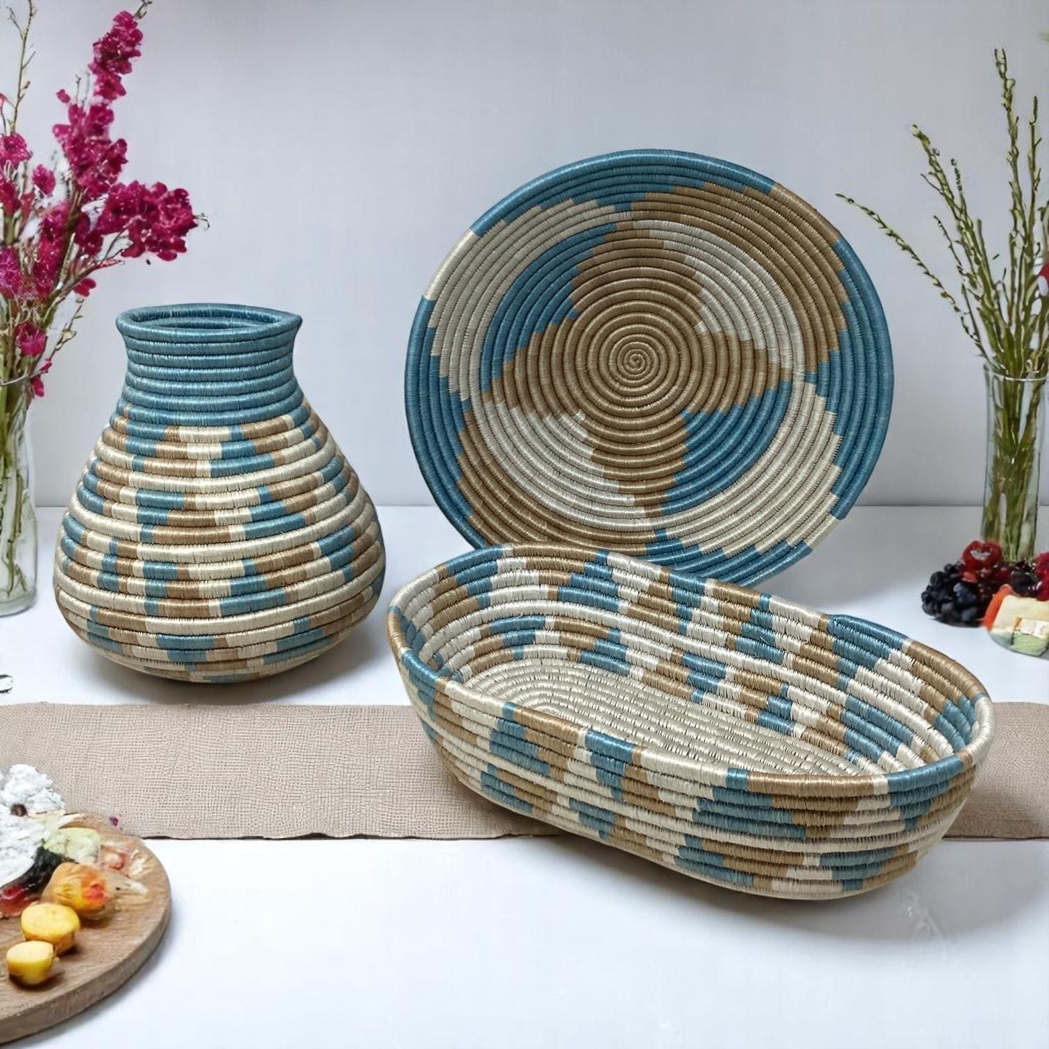 Woven Kitchen Decor Gift Set – Colorful Bread Basket, Fruit Bowl & Vase | Rustic Boho Home Styling Set, Colorful Bread Basket,