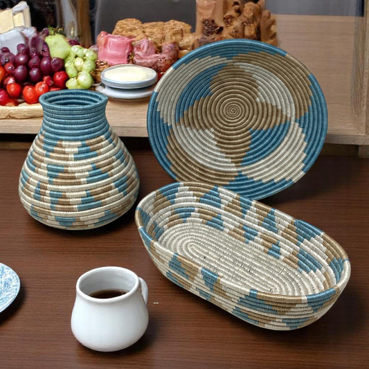 Woven Kitchen Decor Gift Set – Colorful Bread Basket, Fruit Bowl & Vase | Rustic Boho Home Styling Set, Colorful Bread Basket,