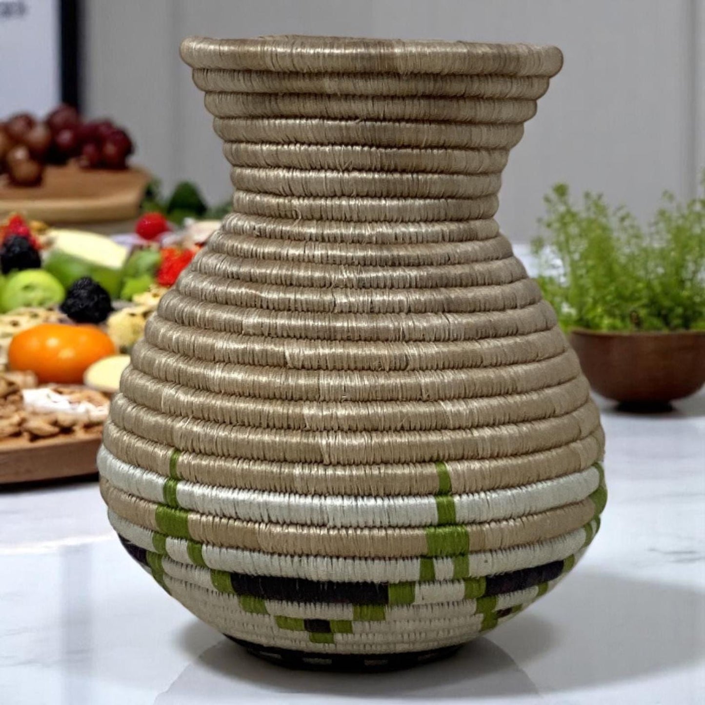 Artisan Woven Home Gift Set – Bright Bread Basket, Fruit Centerpiece Bowl & Vase | Gift for Boho HomeLovers, Woven gift set