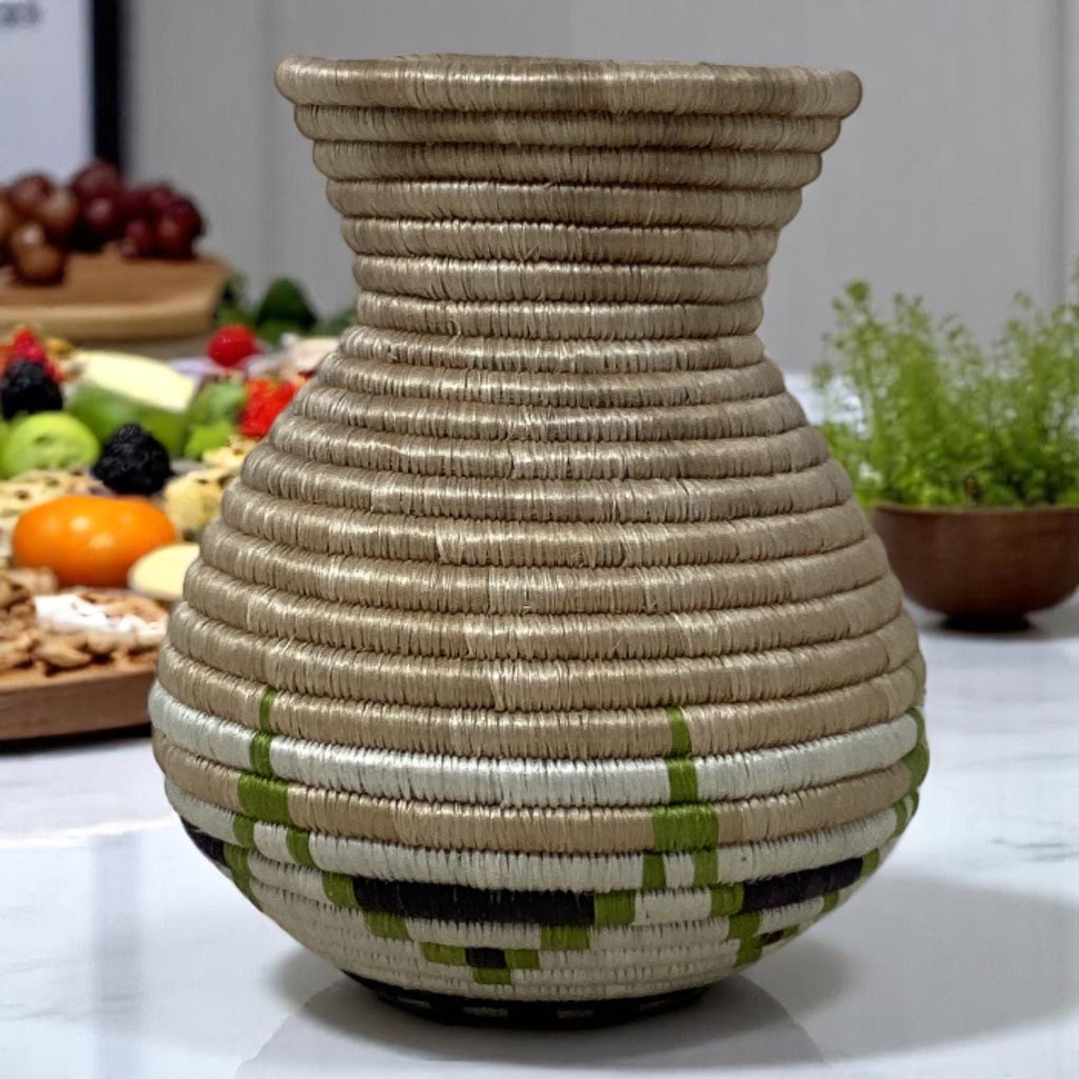 Artisan Woven Home Gift Set – Bright Bread Basket, Fruit Centerpiece Bowl & Vase | Gift for Boho HomeLovers, Woven gift set