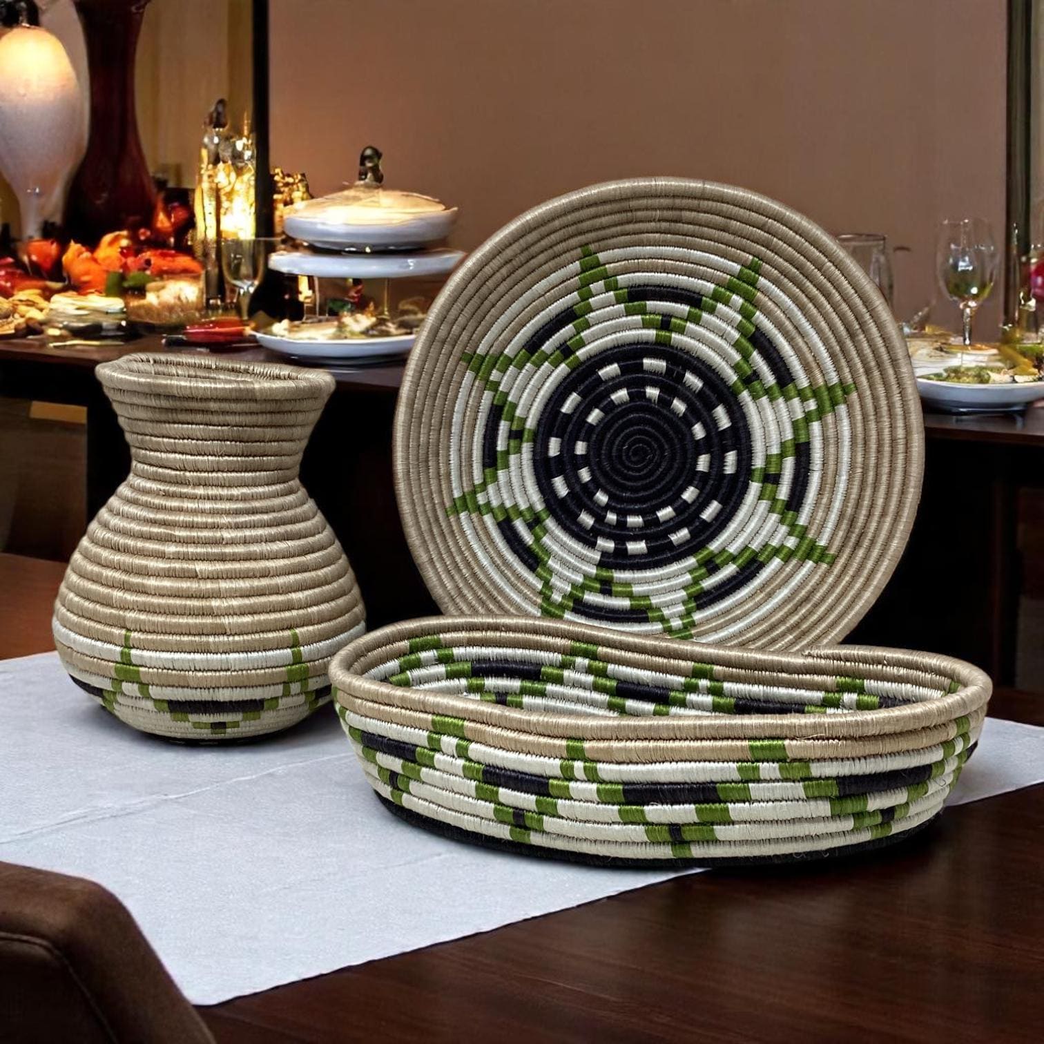 Artisan Woven Home Gift Set – Bright Bread Basket, Fruit Centerpiece Bowl & Vase | Gift for Boho HomeLovers, Woven gift set