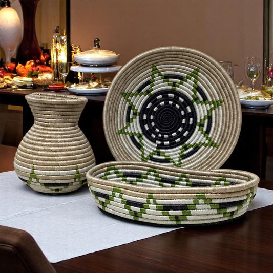 Artisan Woven Home Gift Set – Bright Bread Basket, Fruit Centerpiece Bowl & Vase | Gift for Boho HomeLovers, Woven gift set