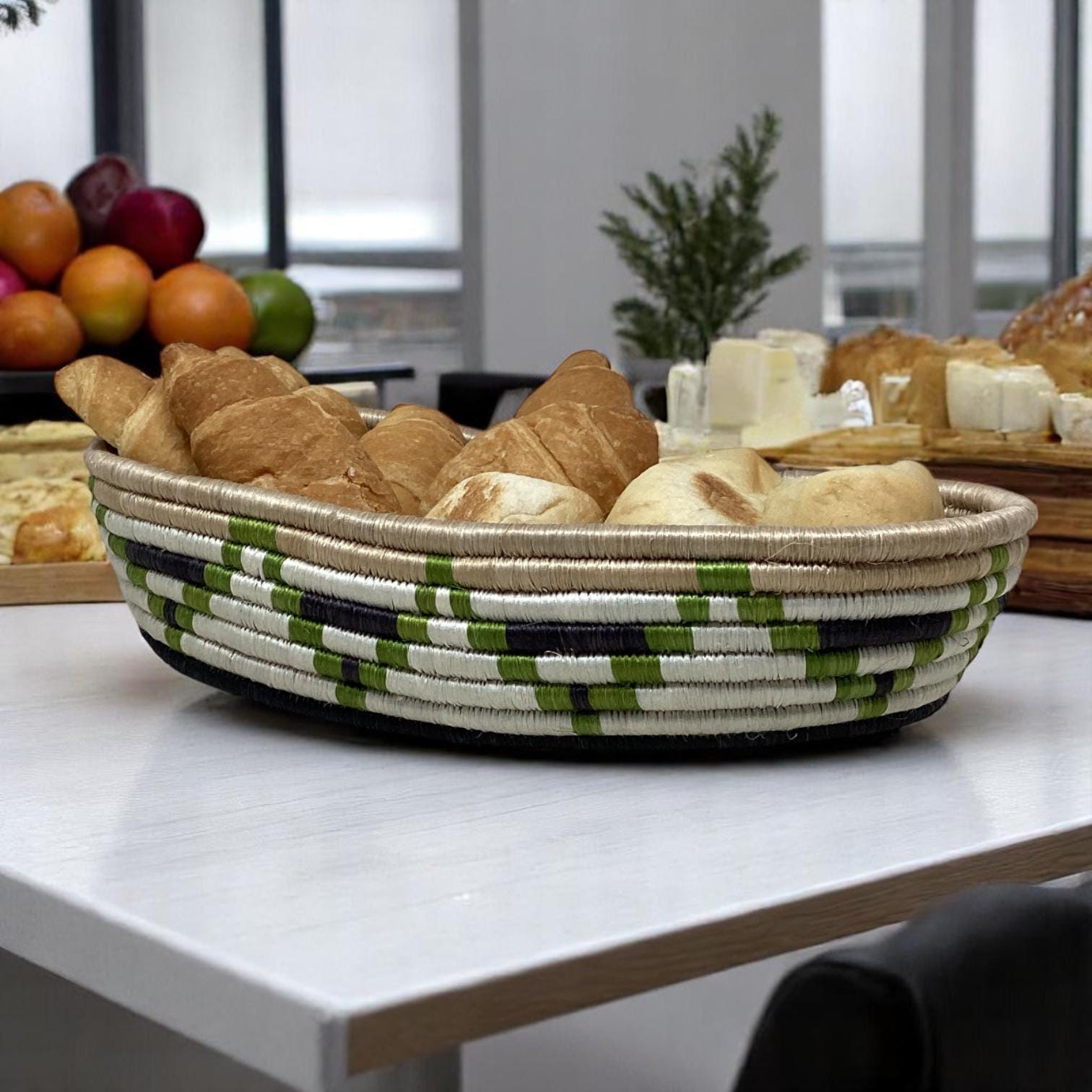 Artisan Woven Home Gift Set – Bright Bread Basket, Fruit Centerpiece Bowl & Vase | Gift for Boho HomeLovers, Woven gift set