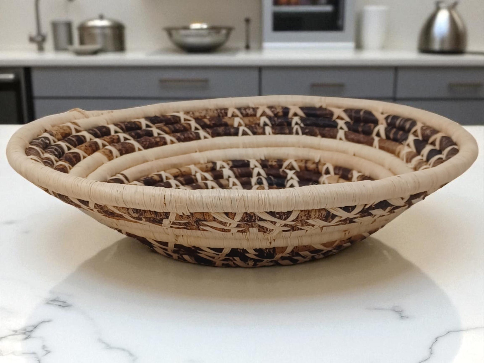 Handmade Woven Fruit Bowl | 10" African Sisal Basket | Eco Friendly Decorative Bowl | Rustic Boho Wall Art | Ethical Kitchen Decor