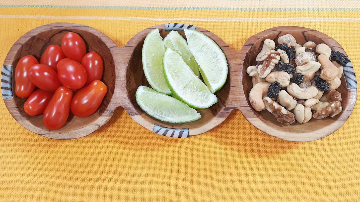 Hand-Carved Olive Wood Snack Bowl: Divided Serving Dish with Batik Inlay