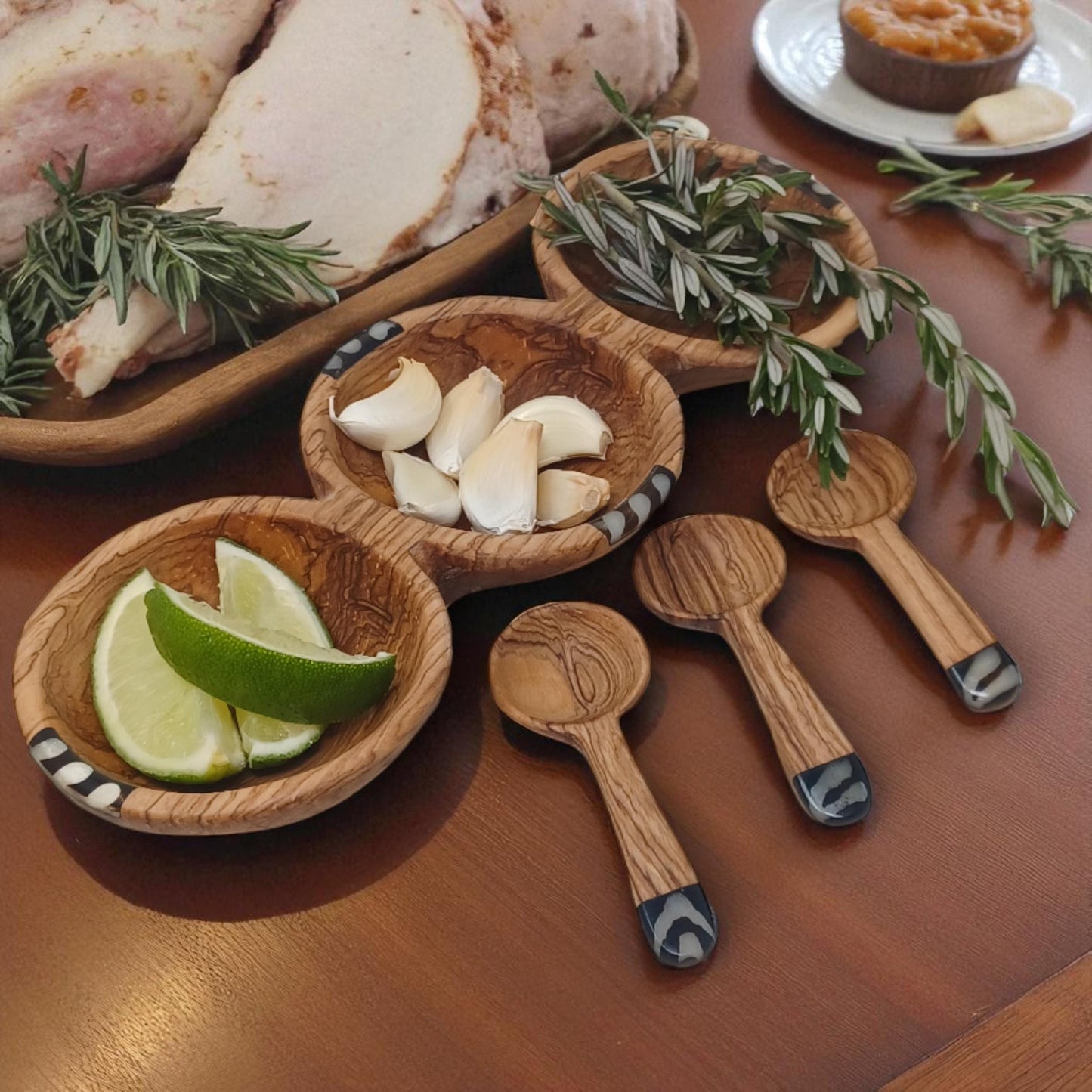 Hand-Carved Olive Wood Snack Bowl: Divided Serving Dish with Batik Inlay
