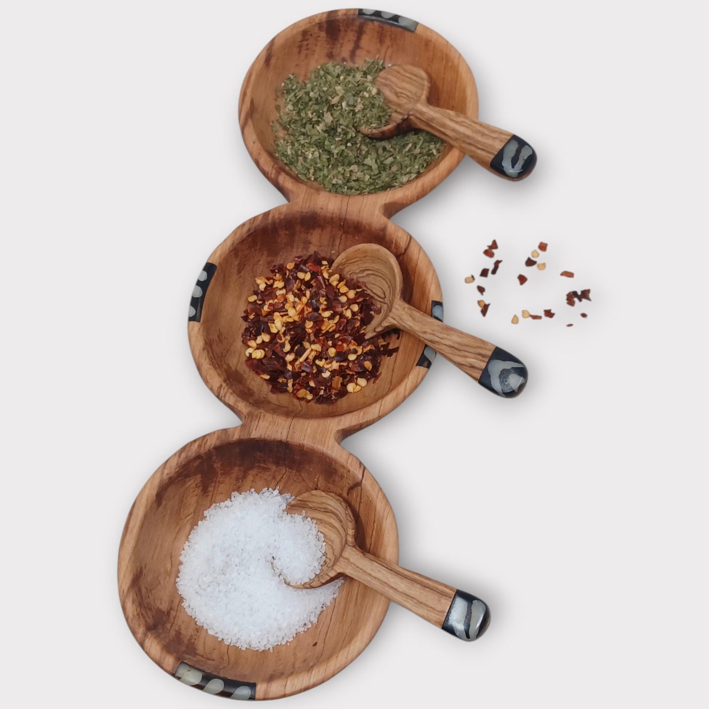 Hand-Carved Olive Wood Triple Condiment Bowl with Spoons