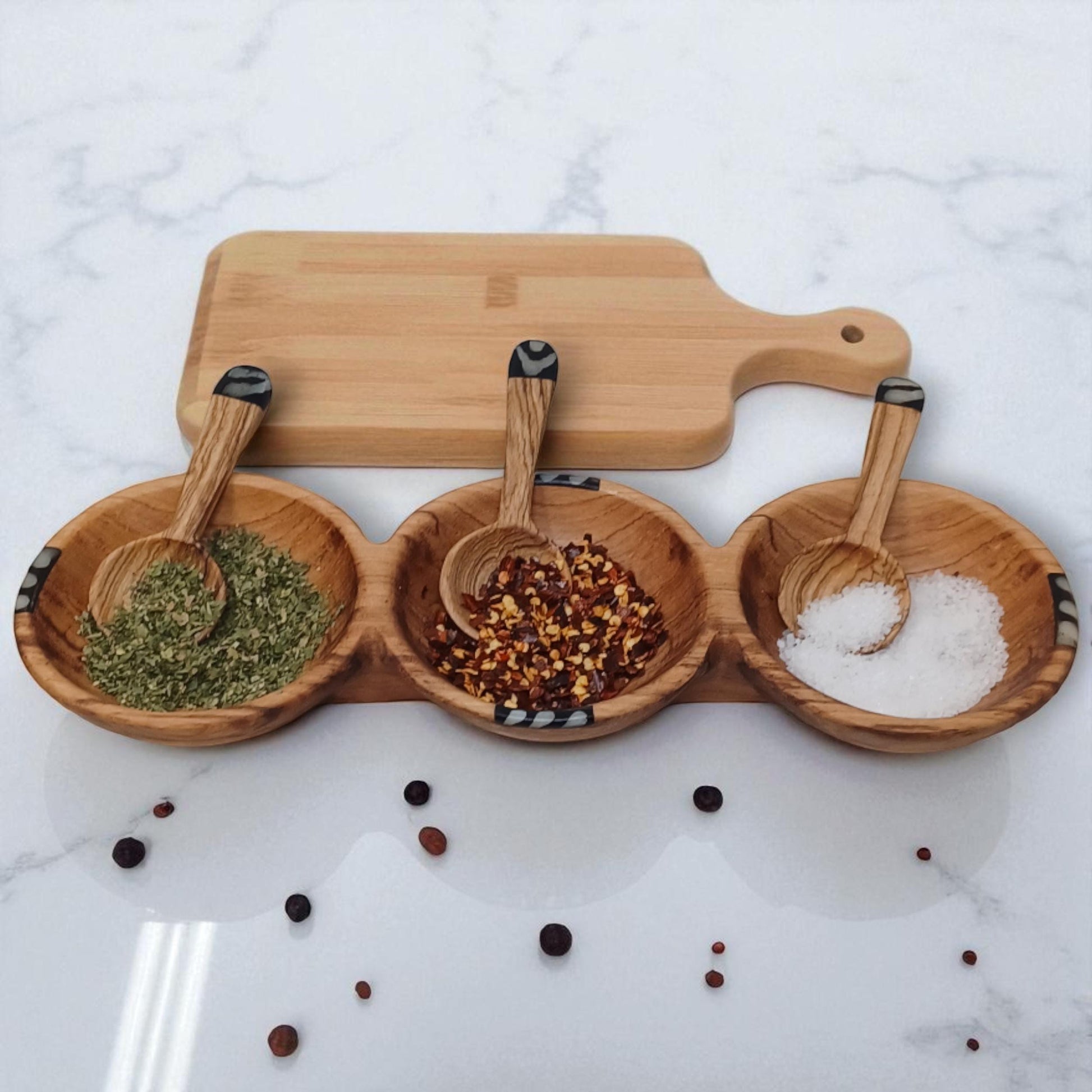 Hand-Carved Olive Wood Triple Condiment Bowl with Spoons