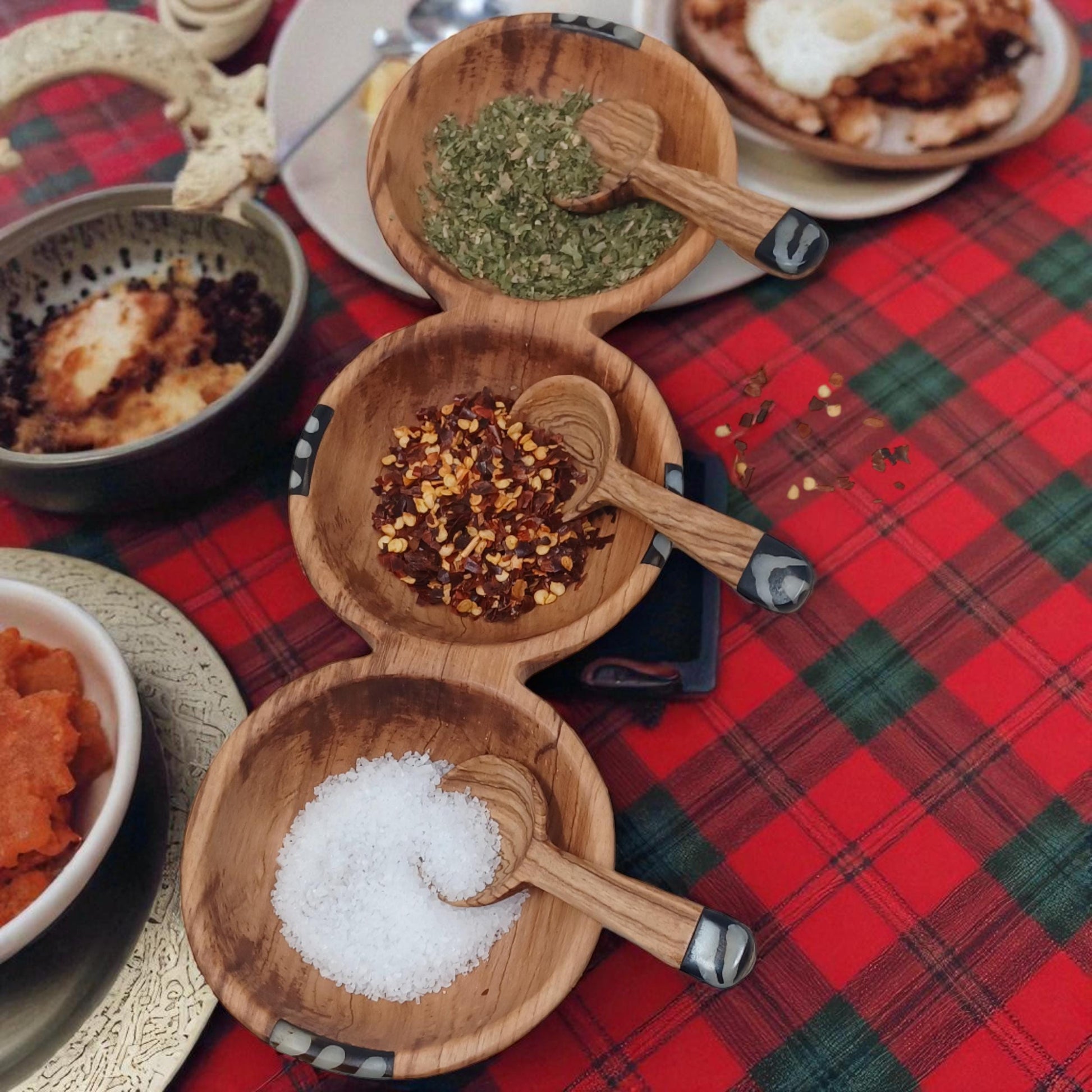 Hand-Carved Olive Wood Triple Condiment Bowl with Spoons