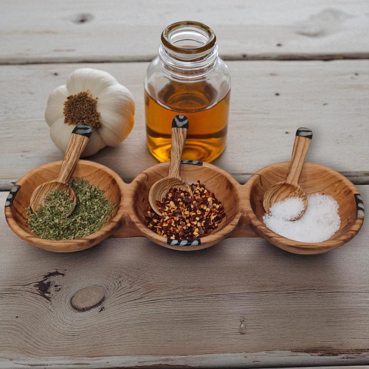 Hand-Carved Olive Wood Triple Condiment Bowl with Spoons