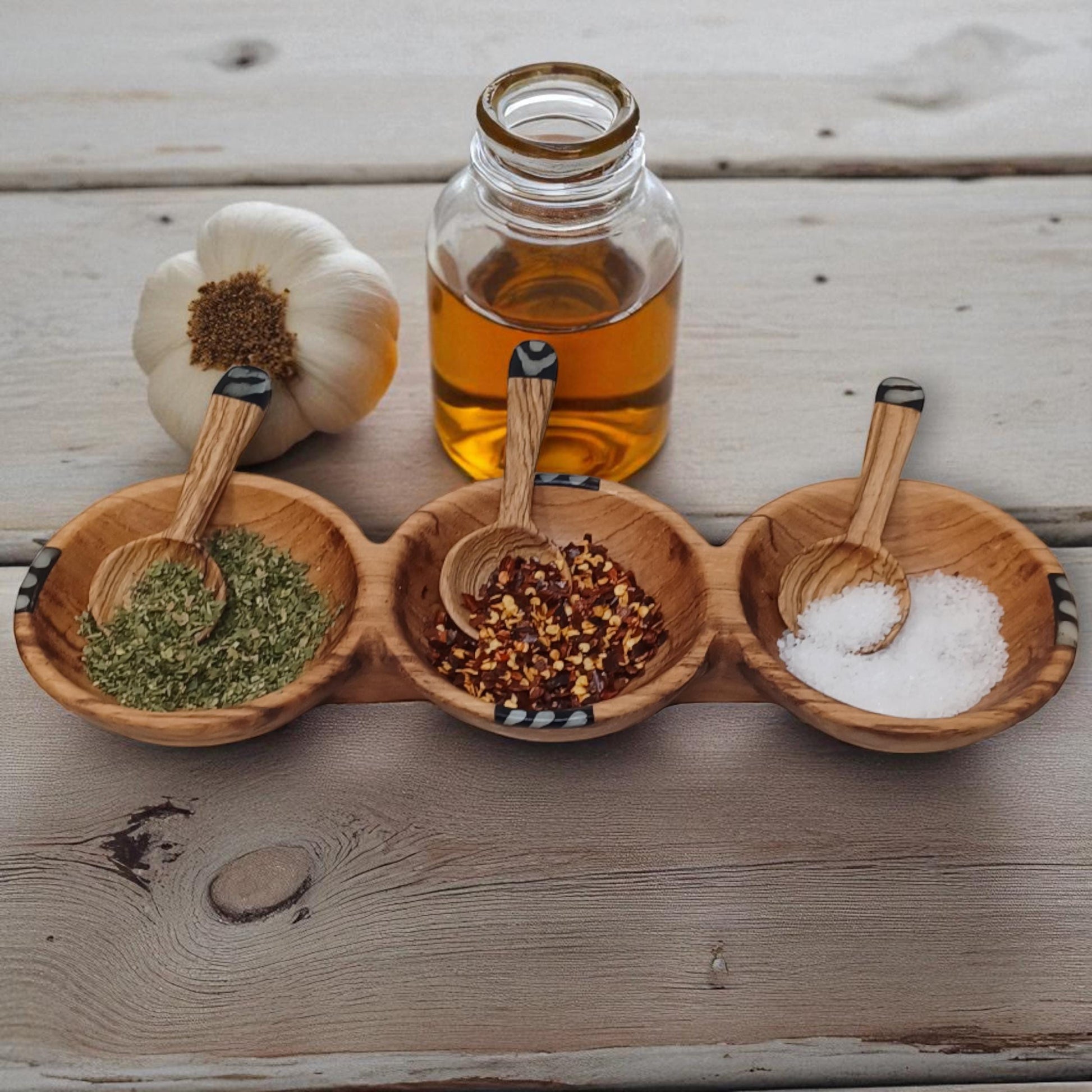 Hand-Carved Olive Wood Triple Condiment Bowl with Spoons