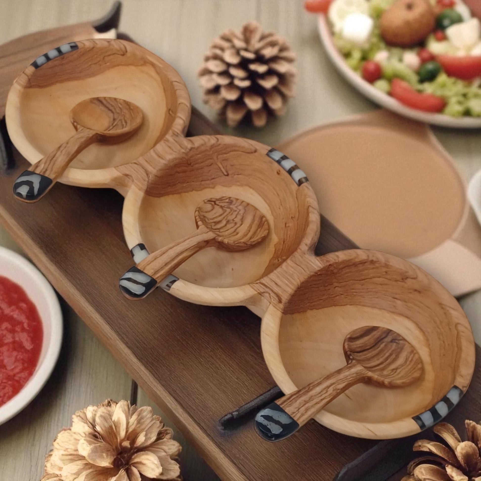 Hand-Carved Olive Wood Triple Condiment Bowl with Spoons