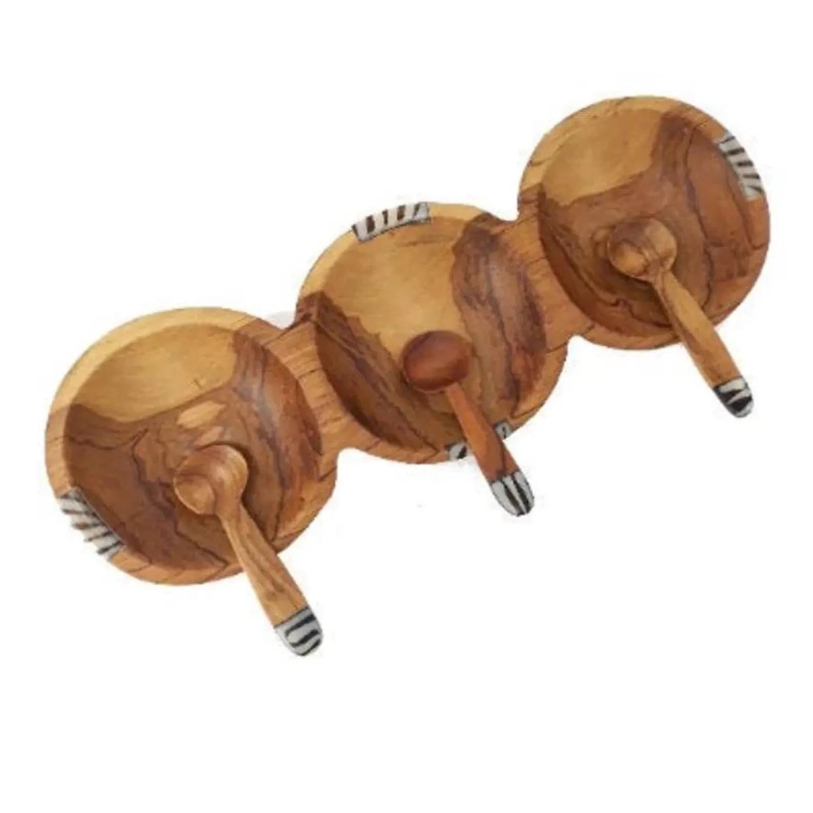 Hand-Carved Olive Wood Triple Condiment Bowl with Spoons
