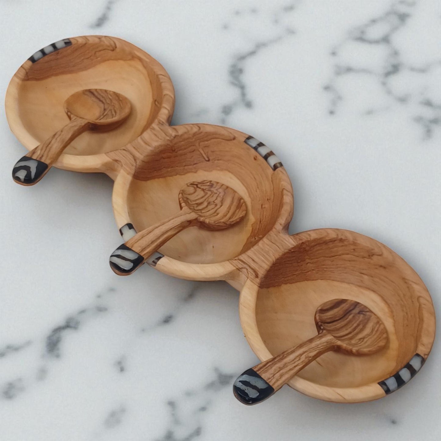 Hand-Carved Olive Wood Triple Condiment Bowl with Spoons