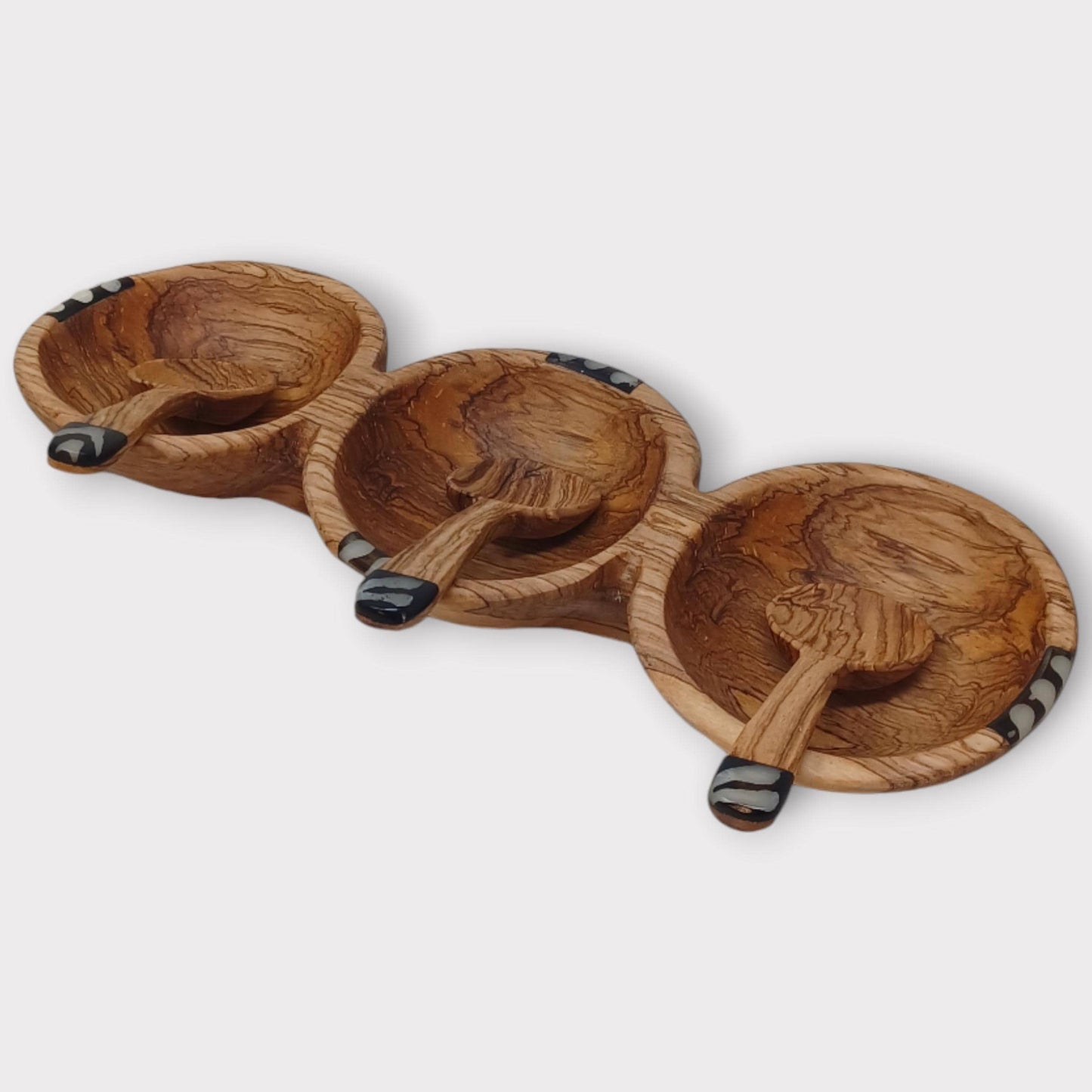 Hand-Carved Olive Wood Triple Condiment Bowl with Spoons