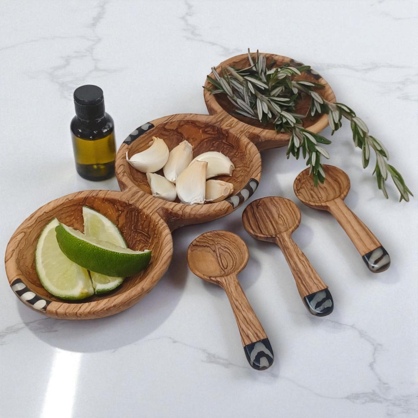 Handcrafted Olive Wood Condiment Bowl: Triple Spice Server with Spoons