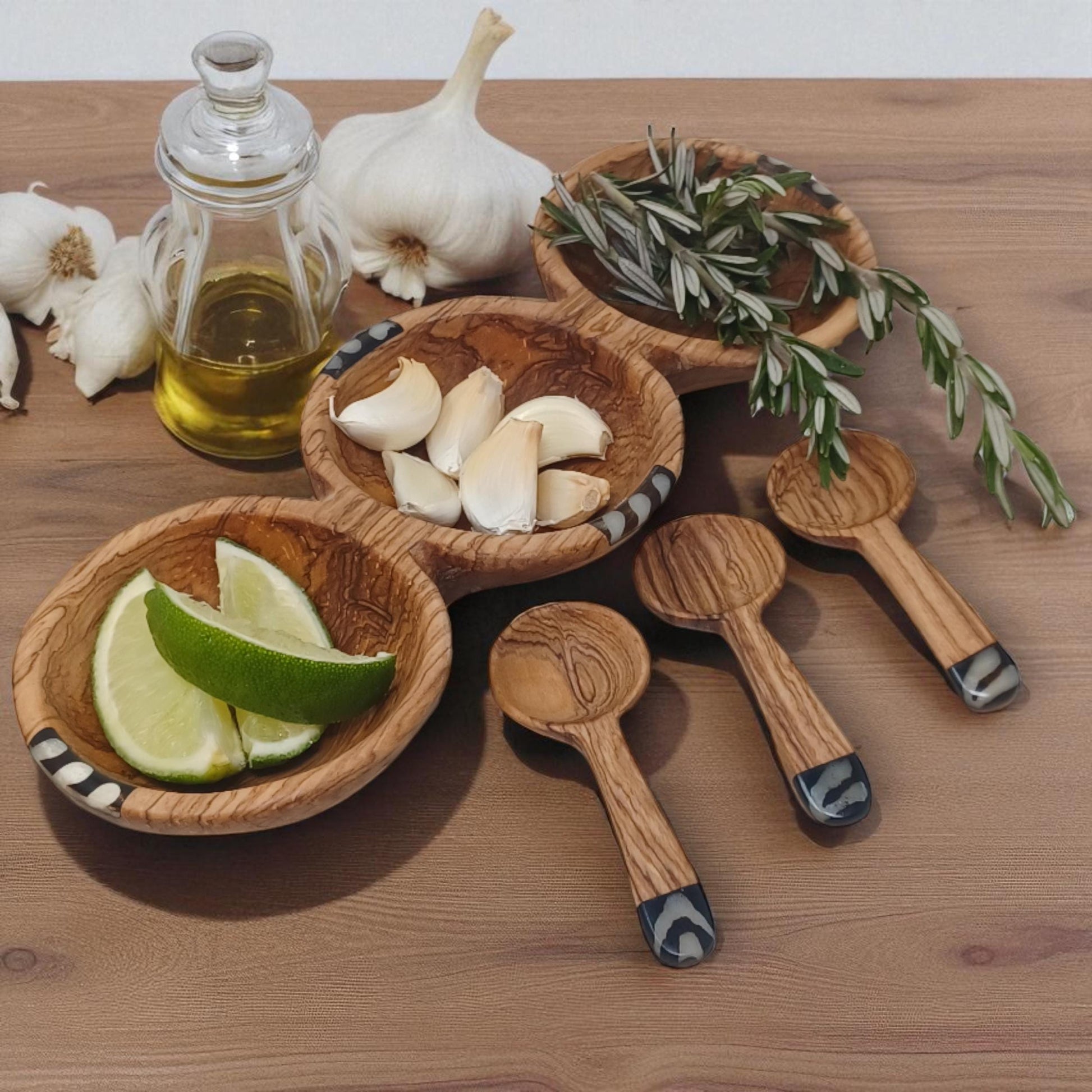 Handcrafted Olive Wood Condiment Bowl: Triple Spice Server with Spoons