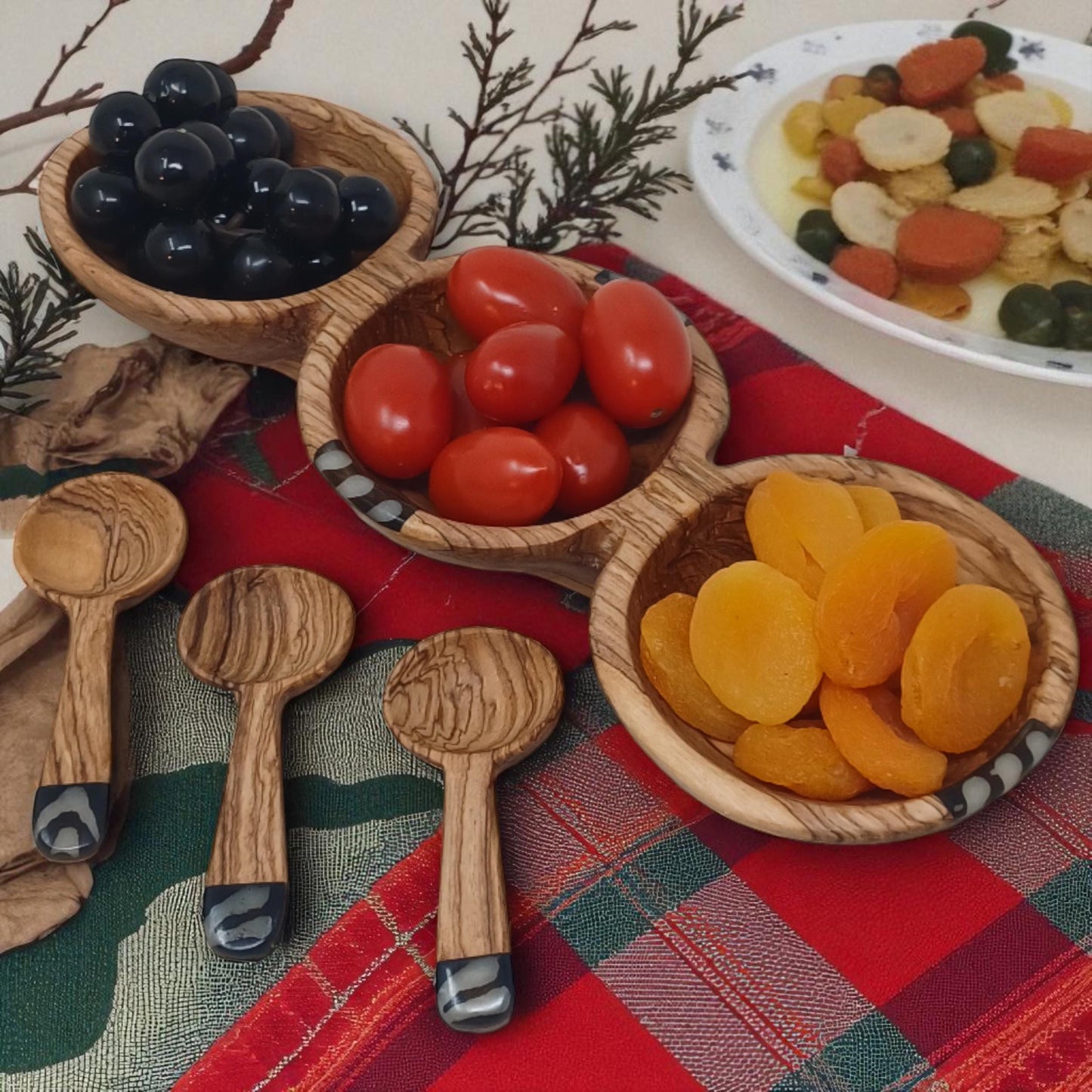 Handcrafted Olive Wood Condiment Bowl: Triple Spice Server with Spoons
