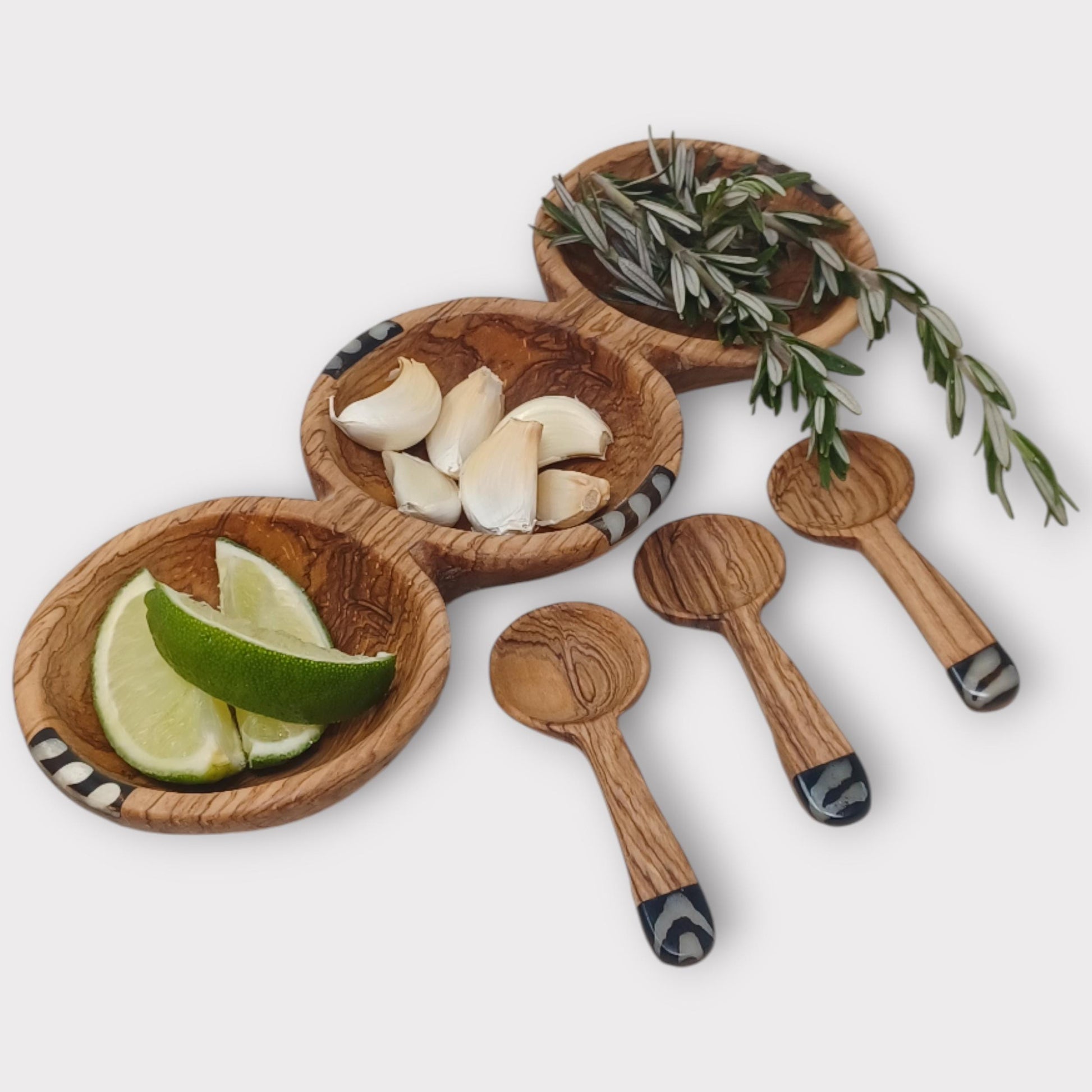 Handcrafted Olive Wood Condiment Bowl: Triple Spice Server with Spoons