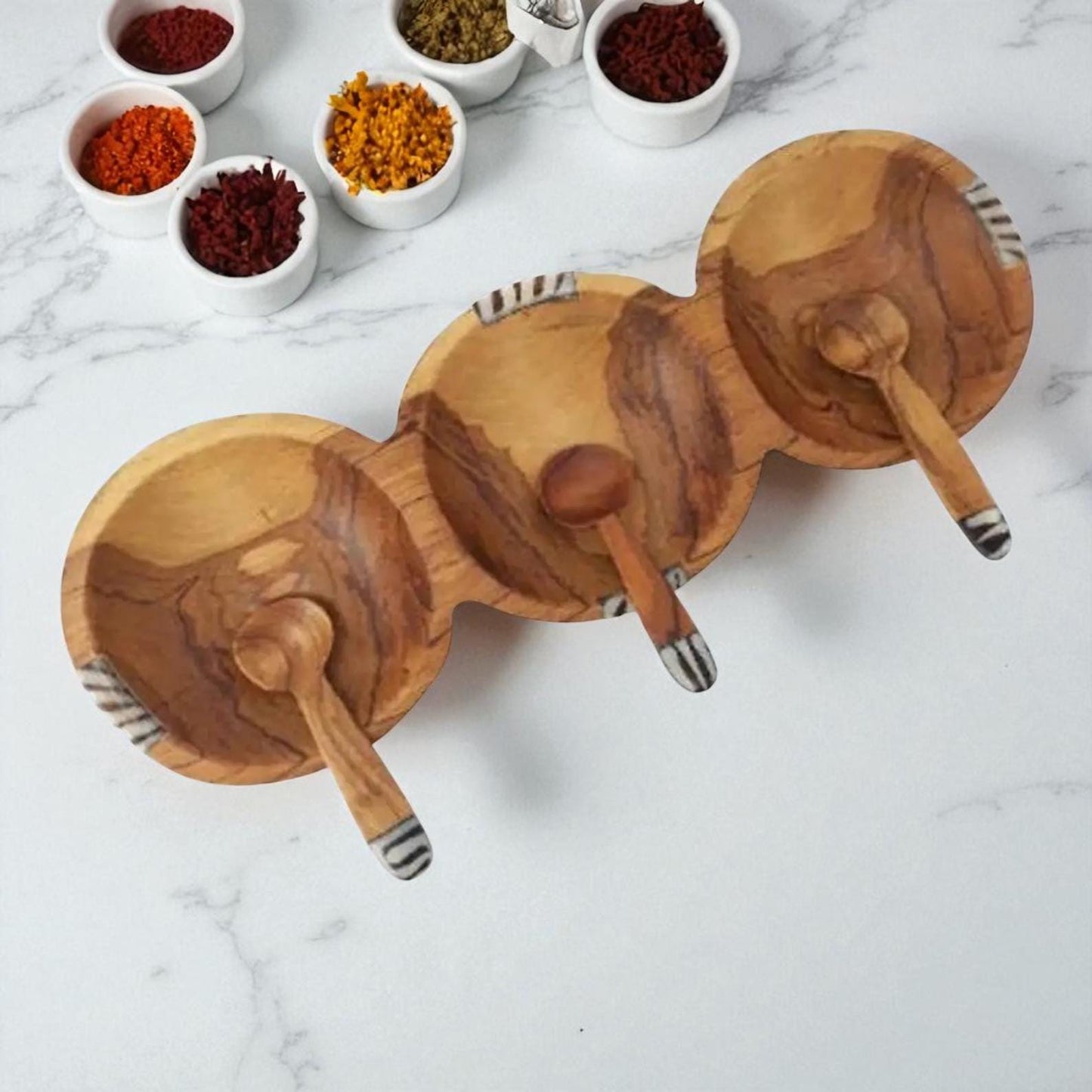Handcrafted Olive Wood Condiment Bowl: Triple Spice Server with Spoons